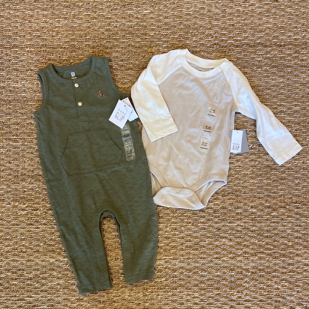 NWT Baby Gap Green Overalls and White Onesie Set
